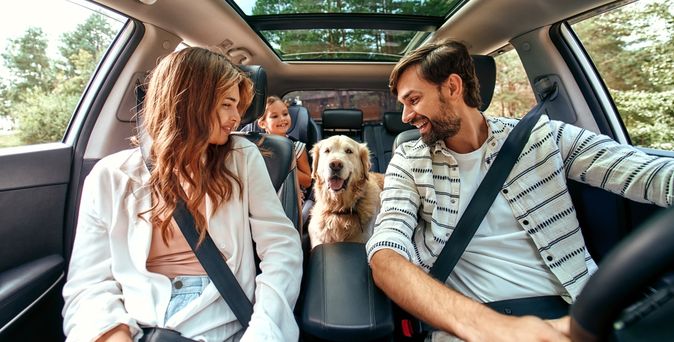 Eine Familie sitzt im Auto, in der Mitte sitzt ein Hund und alle schauen ihn an 