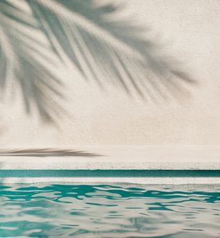 Poolwasser, auf der Wand im Hintergrund sieht man den Schatten einer Palme