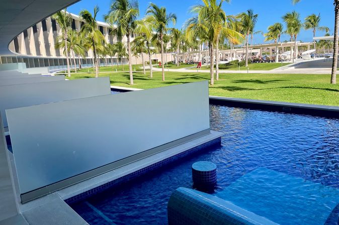 Ein Swim-up Pool mit Palmen im Hintergrund