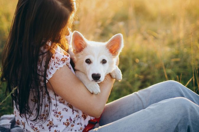 Eine Frau sitzt auf einer Wiese und hält einen weißen Hund im Arm