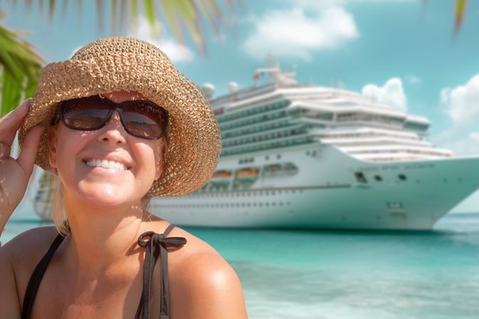 Eine Frau mit einem Strohhut lacht in die Kamera, im Hintergrund sieht man ein Kreuzfahrtschiff