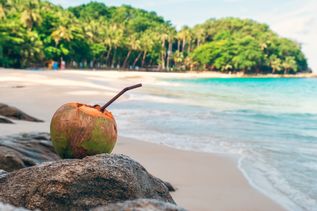 Eine Kokosnuss mit Strohhalm liegt auf Steinen an einem wunderschönen Strand