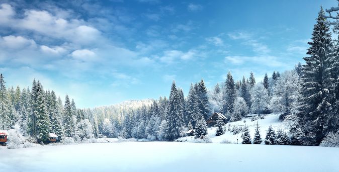 Winterlandschaft, Schnee bedeckte Bäume und ein kleines Haus