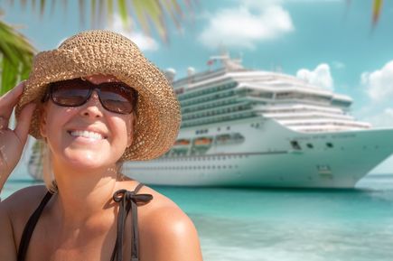 Eine Frau mit einem Strohhut lacht in die Kamera, im Hintergrund sieht man ein Kreuzfahrtschiff