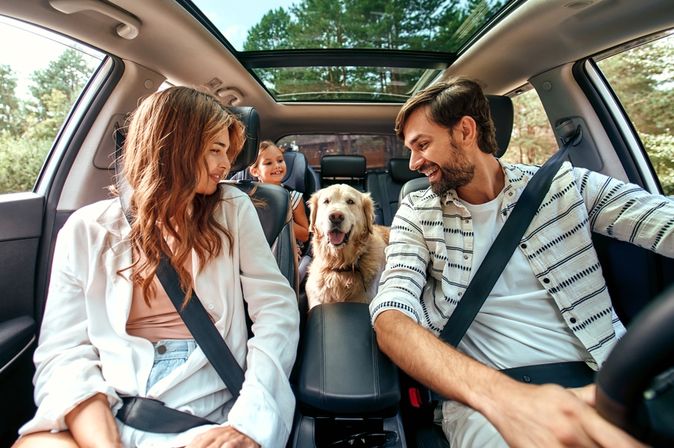 Eine Familie sitzt im Auto, in der Mitte sitzt ein Hund und alle schauen ihn an 