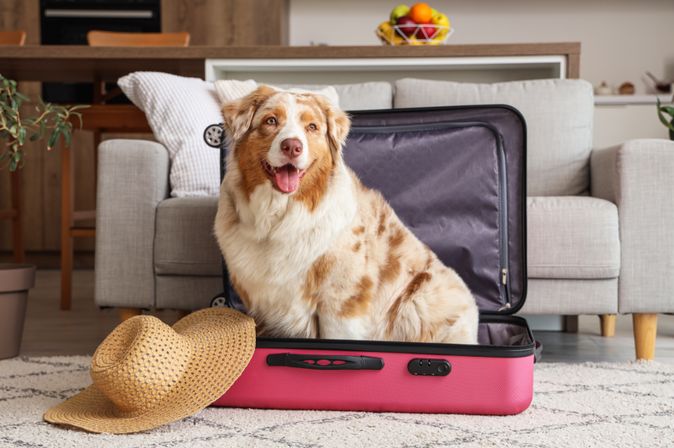  Australian Shepherd sitzt mit einem Sonnenhut in einem Koffer