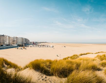 Strand mit Dünen in Belgien; Auf der linken Seite stehen Hochhäuser