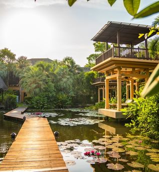 Steg der durch einen Teich mit Seerosen in einer Hotelanlage führt
