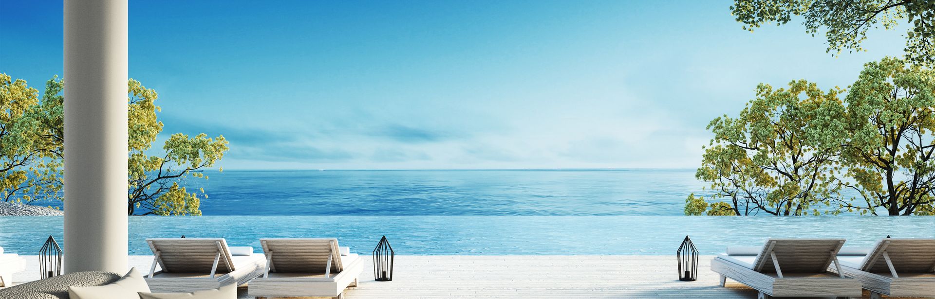 Moderne Terrasse mit Liegen und direktem Strandzugang