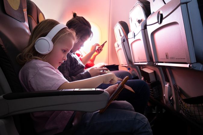 Zwei Kinder sitzen im Flugzeug und beschäftigen sich mit Handys