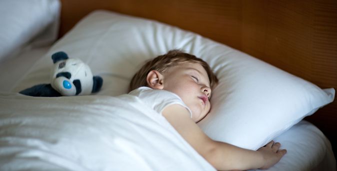 Junge schläft neben einem Kuschelbär in einem Hotelbett