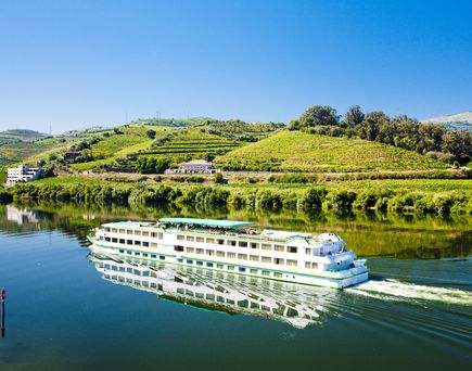 Flusskreuzfahrtschiff, dass durch eine hüglige, grüne Landschaft fährt