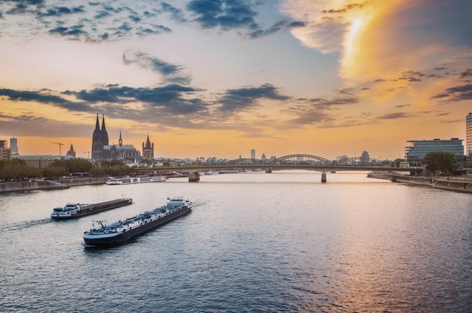 Zwei Flusskreuzfahrschiffe auf einem Fluss, der durch eine Stadt fließt 