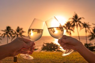 Zwei Hände stoßen am Strand mit Weingläsern an 