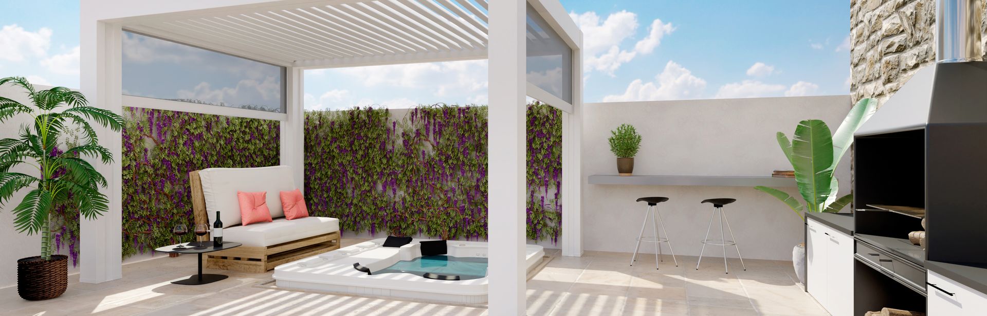 Moderne und elegante Hotelzimmerterasse mit einer Kochecke und einem Whirlpool mit Überdachung