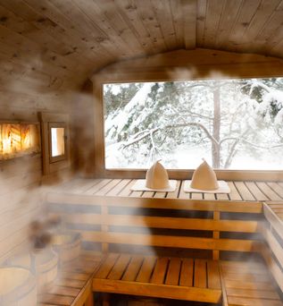 Dampfsauna, in schneebedeckter Landschaft, die aus dem Saunafenster zu sehen ist
