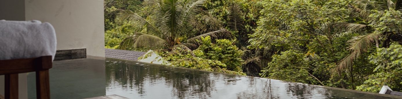 Blick auf einen Swim-up Pool mit Palmen im Hintergrund
