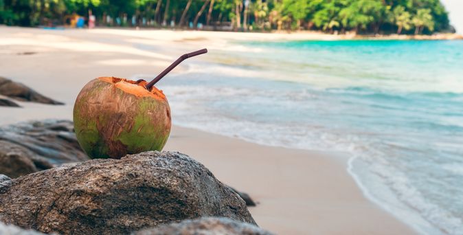 Eine Kokosnuss mit Strohhalm liegt auf Steinen an einem wunderschönen Strand