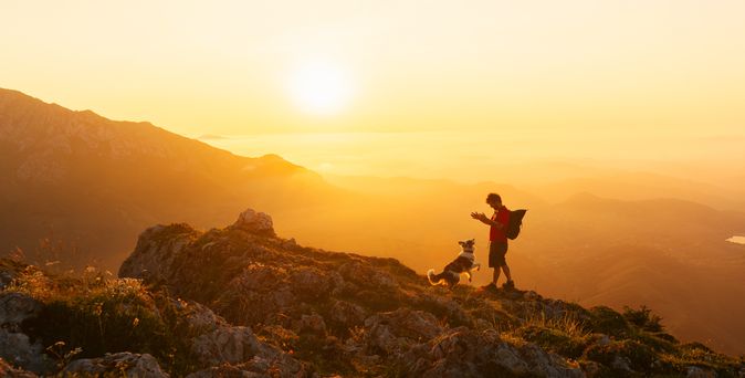 Mann und Hund wandern zusammen in den Bergen bei Sonnenuntergang
