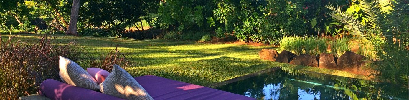 Im Schatten von Bäumen steht in einem Garten eine Lila Liege an einem kleinen Teich