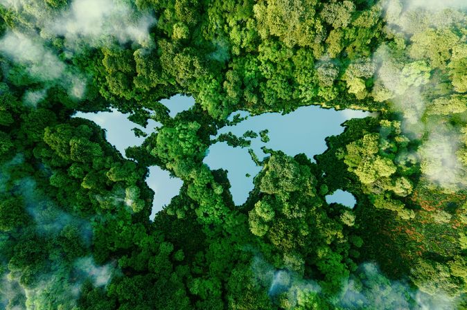 Ein Wald von oben, Wasser bildet die Kontinente der Welt
