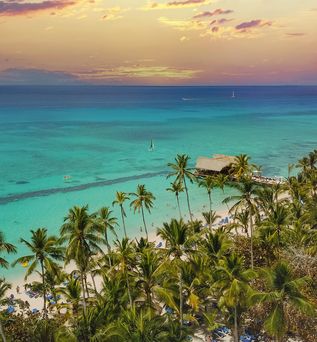 Strand mit Palmen bei Sonnenuntergang in der Dominikanischen Republik