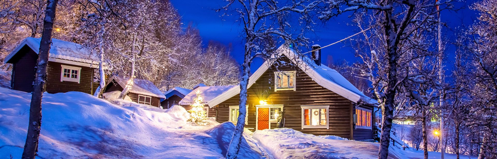 Schneebedeckte Hütten, von Bäumen umgeben