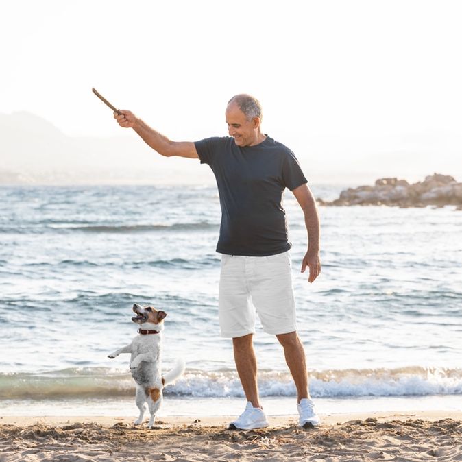 Ein Mann und ein Hund spielen am Strand
