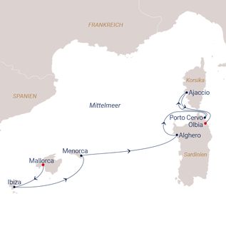 Routenplan der Sea Cloud Spirit auf der Route Song n Sail mit Max Giesinger vom 22.08.2026 bis 01.09.2026