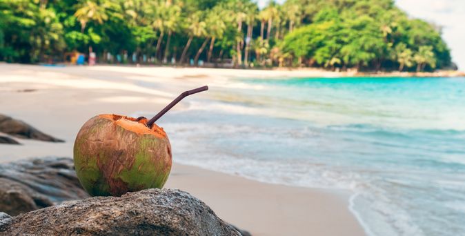 Kokosnuss mit einem Strohhalm steht am Strand
