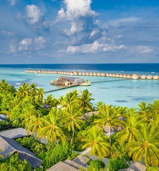 Insel mit Palmen von der aus eine Reihe von Wasserbungalows ins Meer reicht