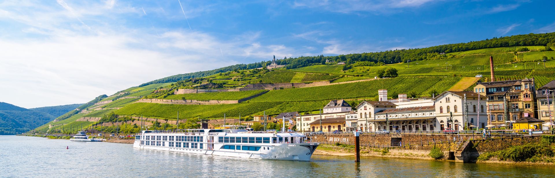 Flusskreuzfahrtschiff auf einem Fluss, der durch eine grüne Landschaft führt