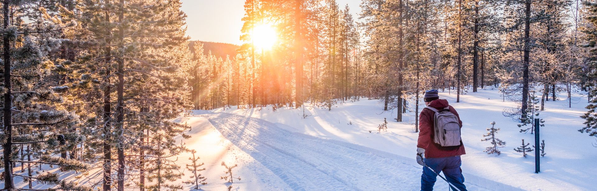 Mann auf Skiern läuft durch eine Schneelandschaft