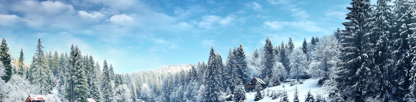 Winterlandschaft, Schnee bedeckte Bäume und ein kleines Haus