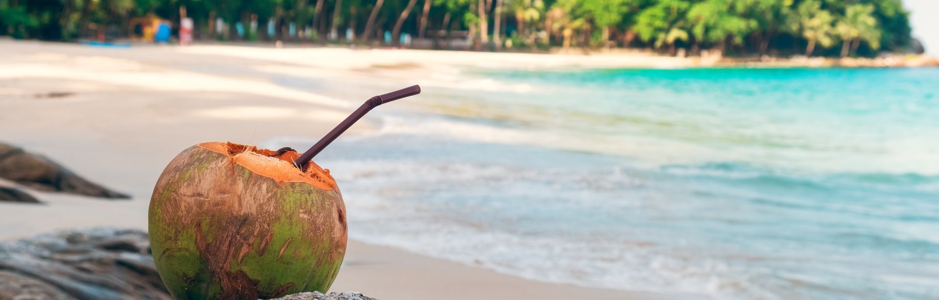 Kokosnuss mit einem Strohhalm steht am Strand