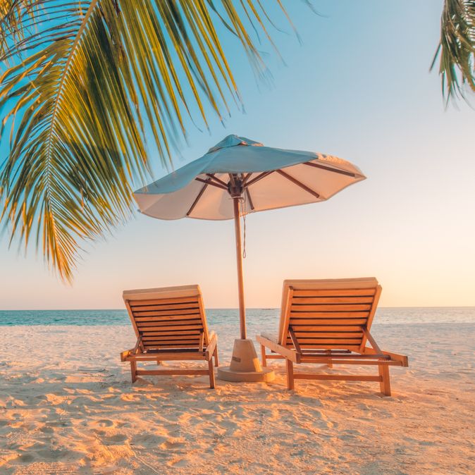 Zwei Liegen mit einem Sonnenschirm stehen unter Palmen am Strand