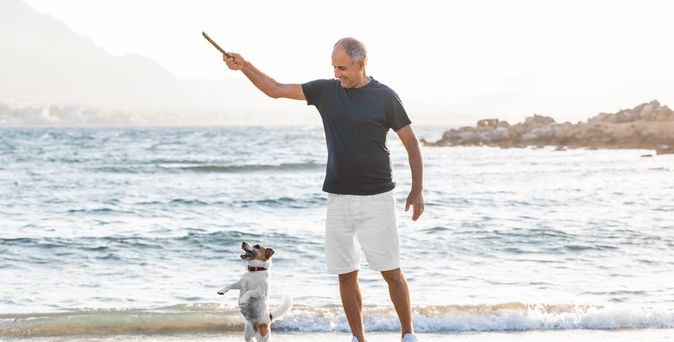 Ein Mann und ein Hund spielen Stöckchen holen am Strand