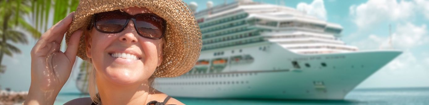 Eine Frau mit einem Strohhut lacht in die Kamera, im Hintergrund sieht man ein Kreuzfahrtschiff